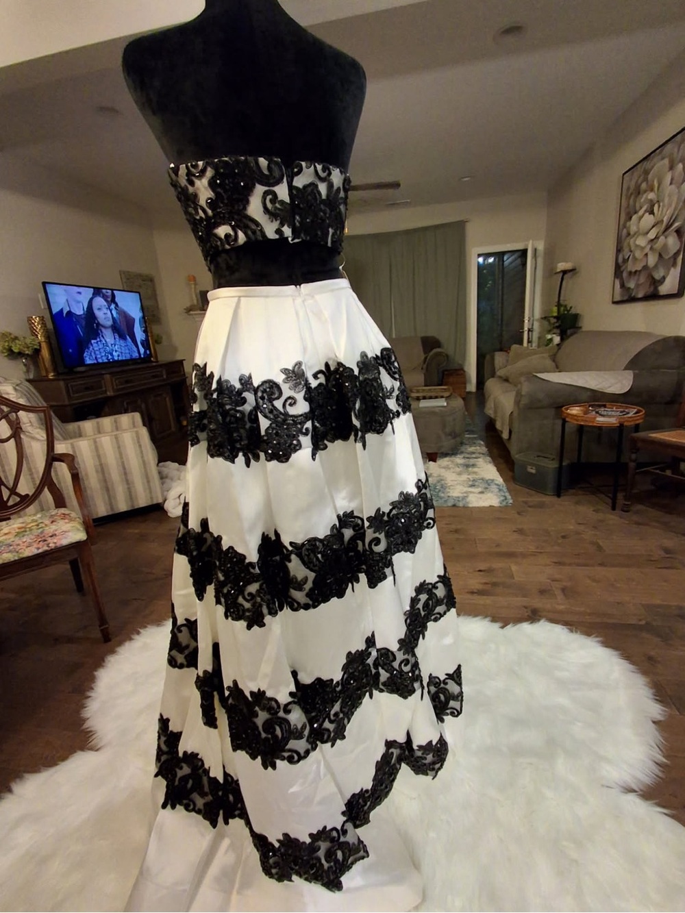 Elegant White & Black Appliqué Two-Piece Prom Dress